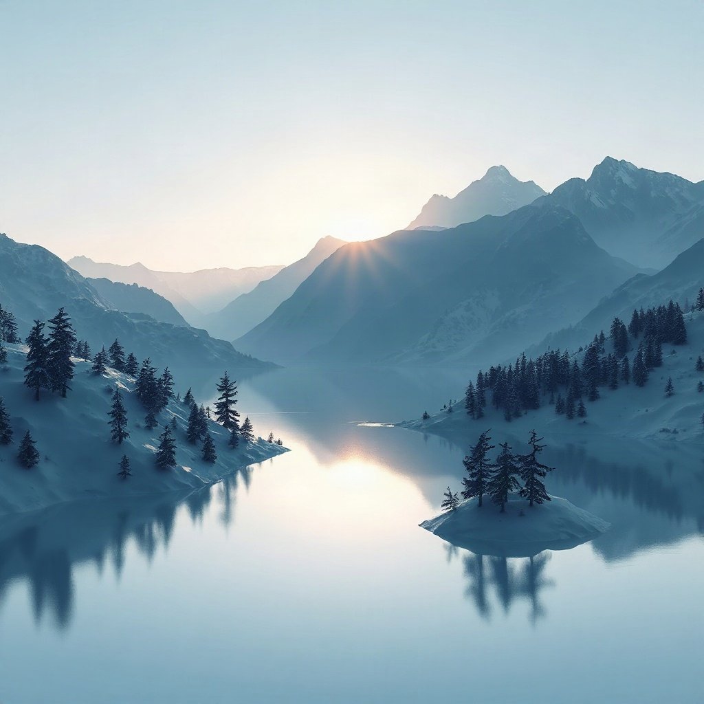Blue PFPs — mountain lake scene, soft 3d render, soft glow