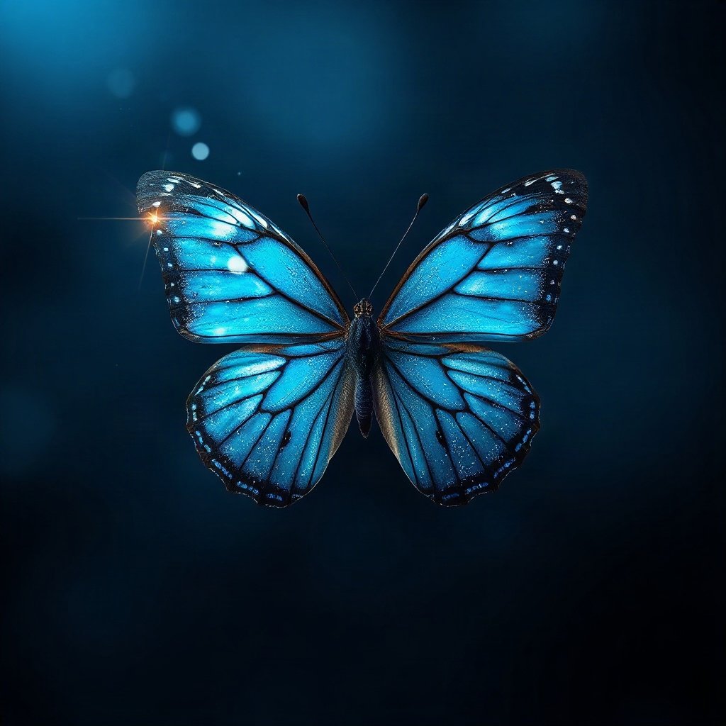 Blue PFPs — butterfly, cinematic photo style, subtle sparkle