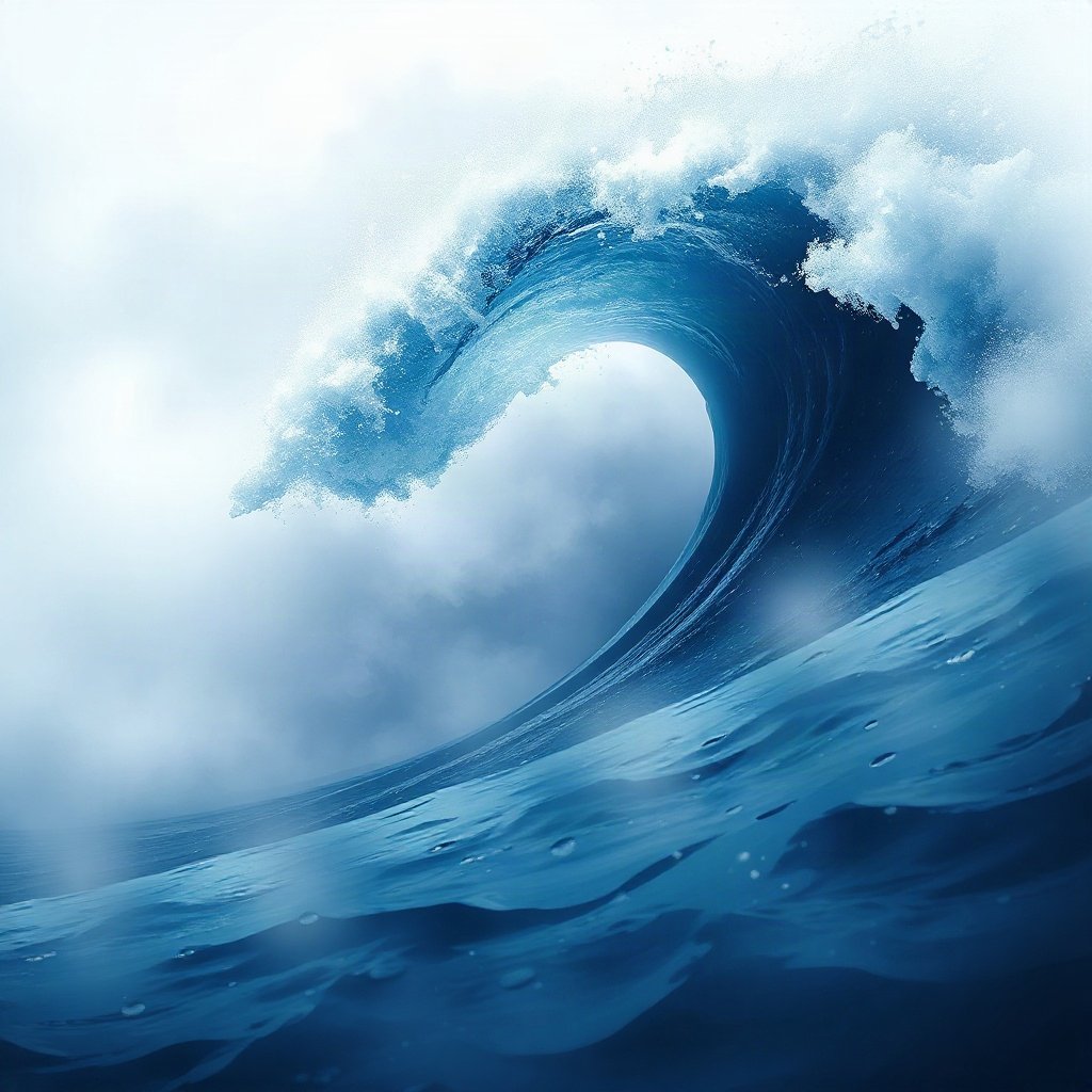 Blue PFPs — crashing wave curl, dreamy digital painting, misty atmosphere
