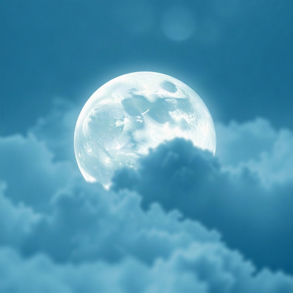 Blue PFPs — full moon in clouds, soft 3d render, gentle bokeh