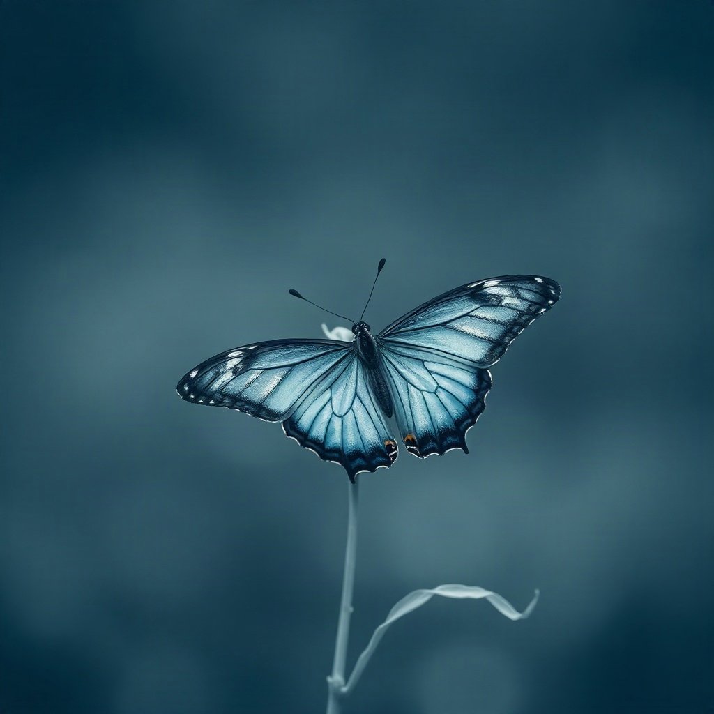 Blue PFPs — butterfly, cinematic photo style, gentle bokeh