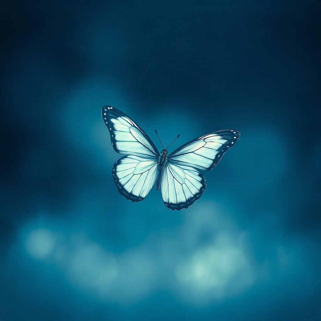 Blue PFPs — butterfly, cinematic photo style, gentle bokeh