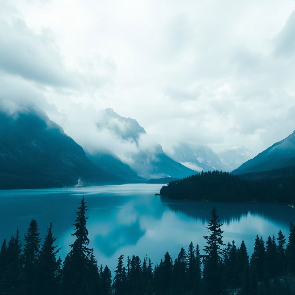 Blue PFPs — mountain lake scene, cinematic photo style, misty atmosphere