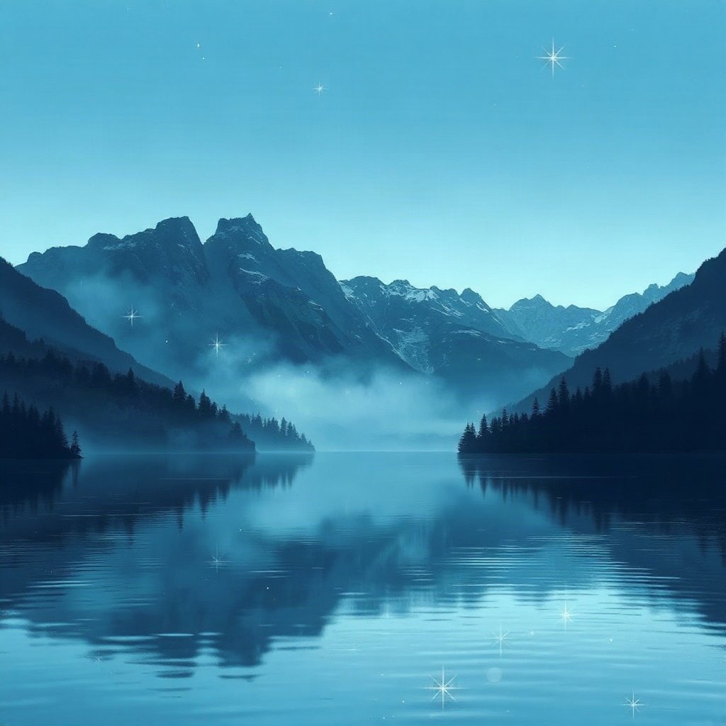 Blue PFPs — mountain lake scene, dreamy digital painting, subtle sparkle