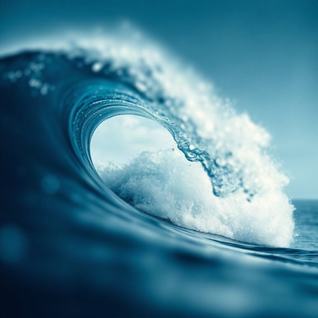 Blue PFPs — crashing wave curl, dreamy digital painting, gentle bokeh