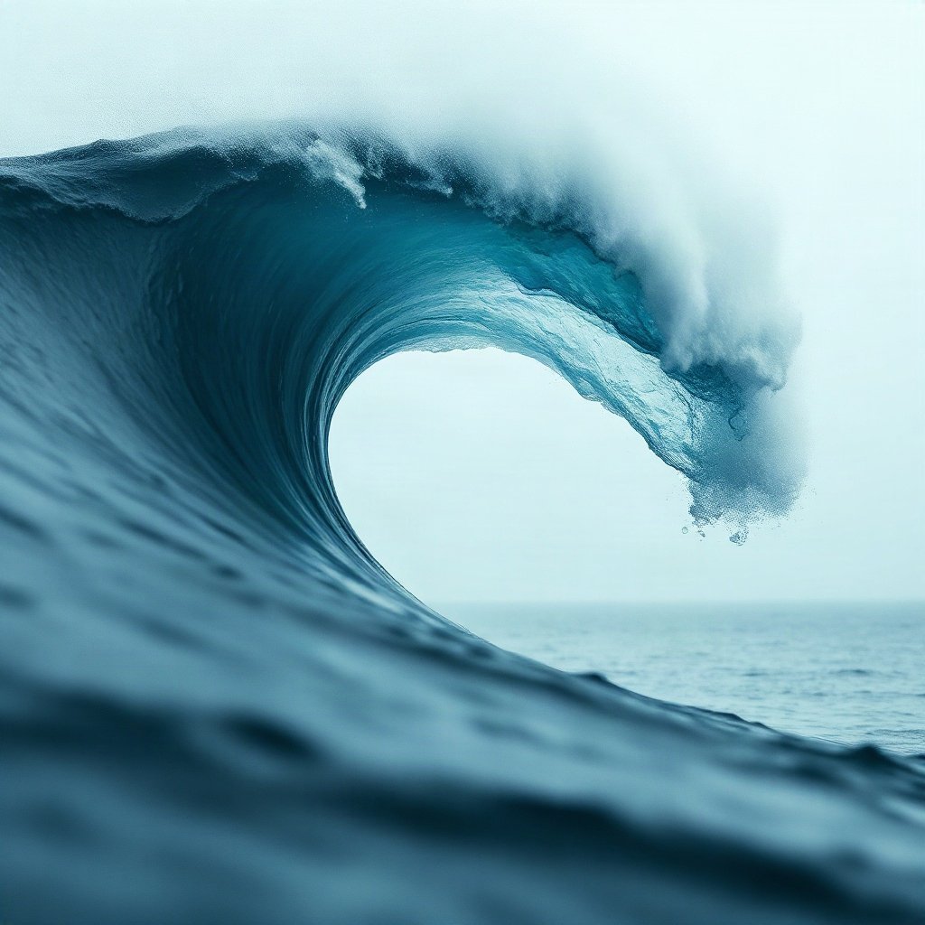 Blue PFPs — crashing wave curl, cinematic photo style, misty atmosphere