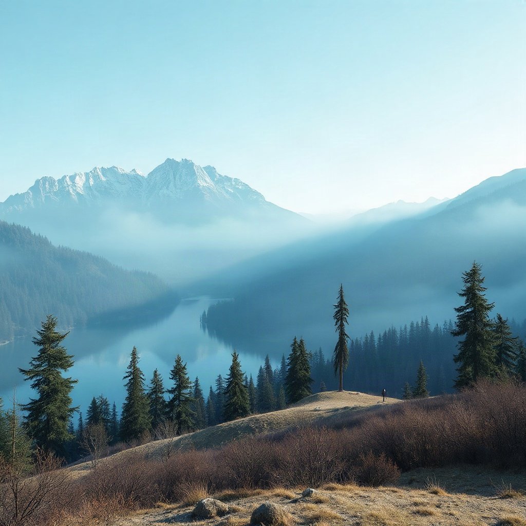 Blue PFPs — mountain lake scene, soft 3d render, misty atmosphere