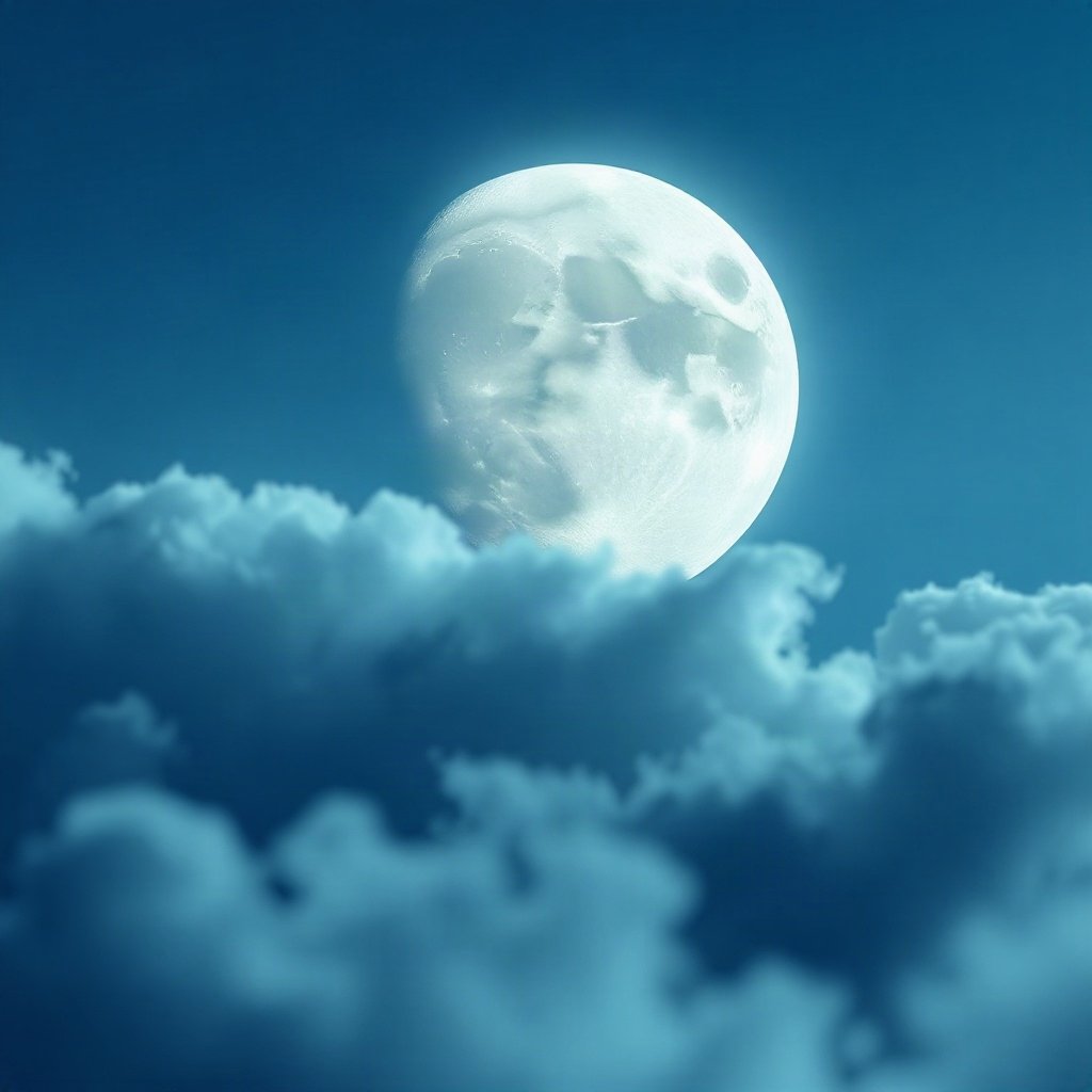 Blue PFPs — full moon in clouds, soft 3d render, gentle bokeh