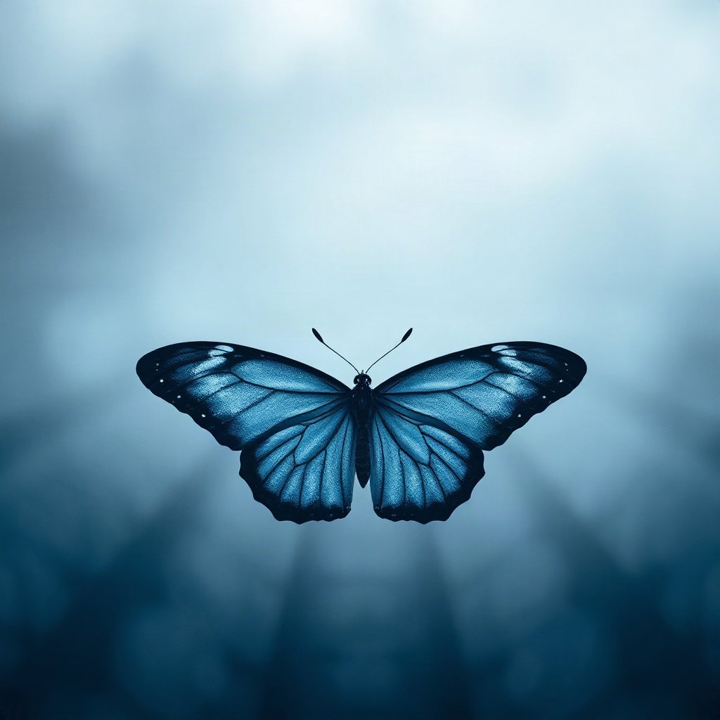 Blue PFPs — butterfly, cinematic photo style, misty atmosphere