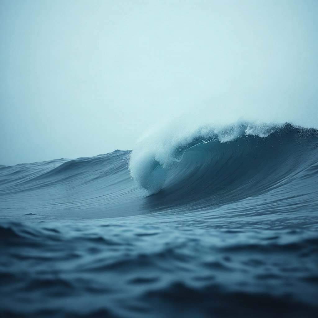Blue PFPs — crashing wave curl, cinematic photo style, misty atmosphere