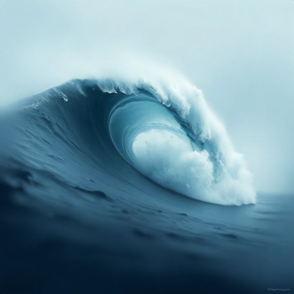 Blue PFPs — crashing wave curl, dreamy digital painting, misty atmosphere