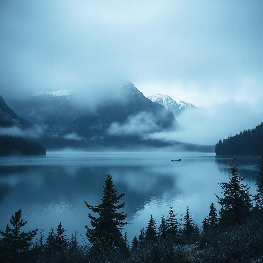 Blue PFPs — mountain lake scene, cinematic photo style, misty atmosphere