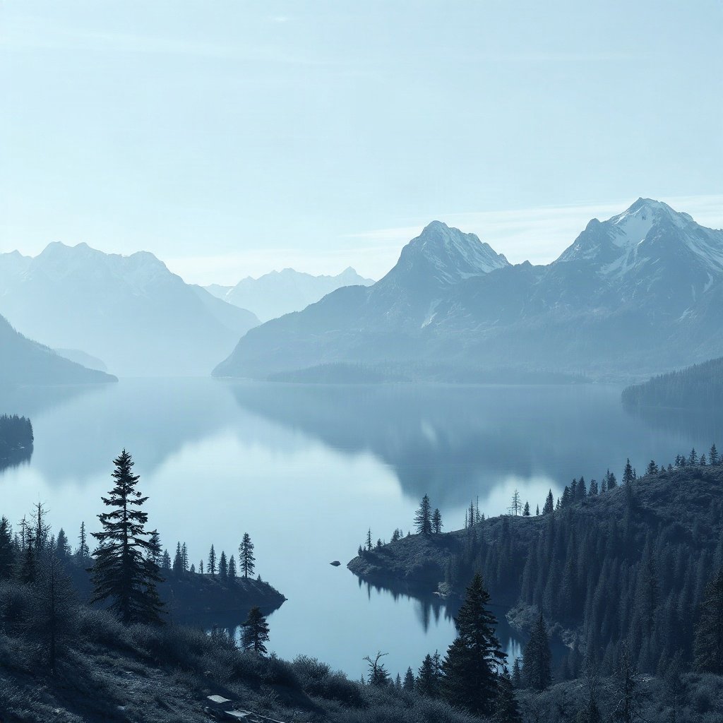 Blue PFPs — mountain lake scene, soft 3d render, subtle sparkle