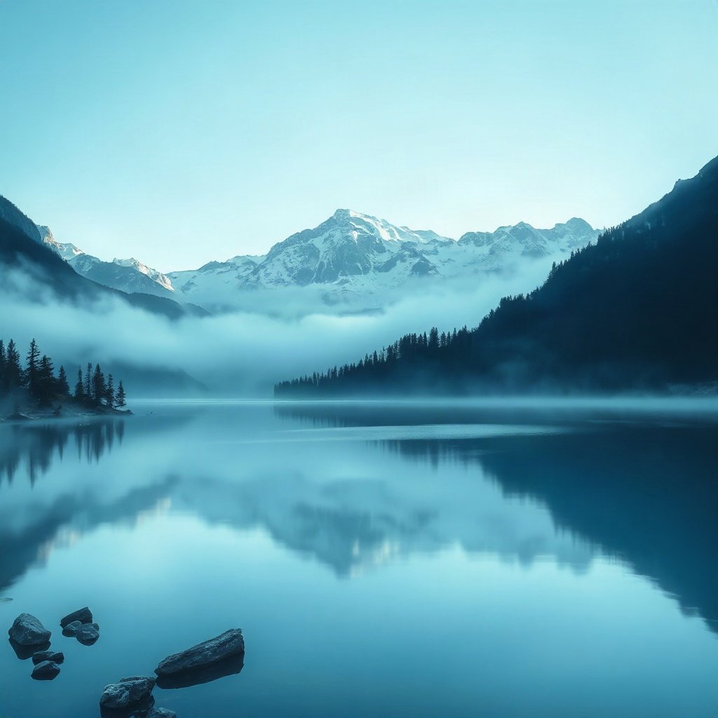 Blue PFPs — mountain lake scene, dreamy digital painting, soft glow