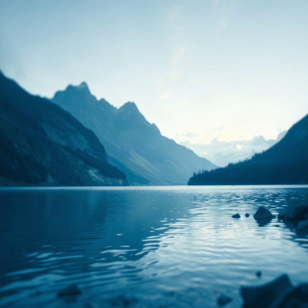 Blue PFPs — mountain lake scene, cinematic photo style, gentle bokeh
