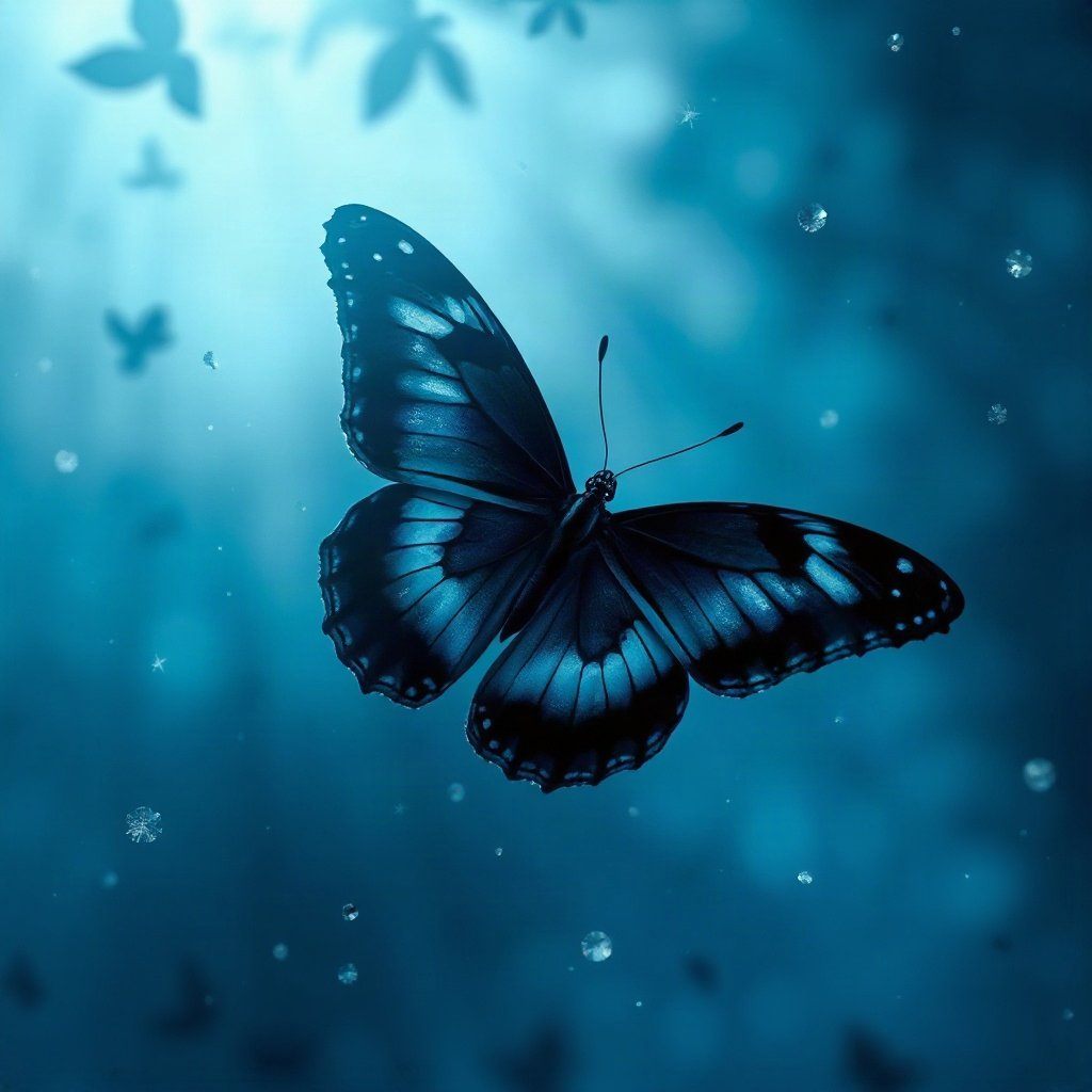 Blue PFPs — butterfly, cinematic photo style, misty atmosphere