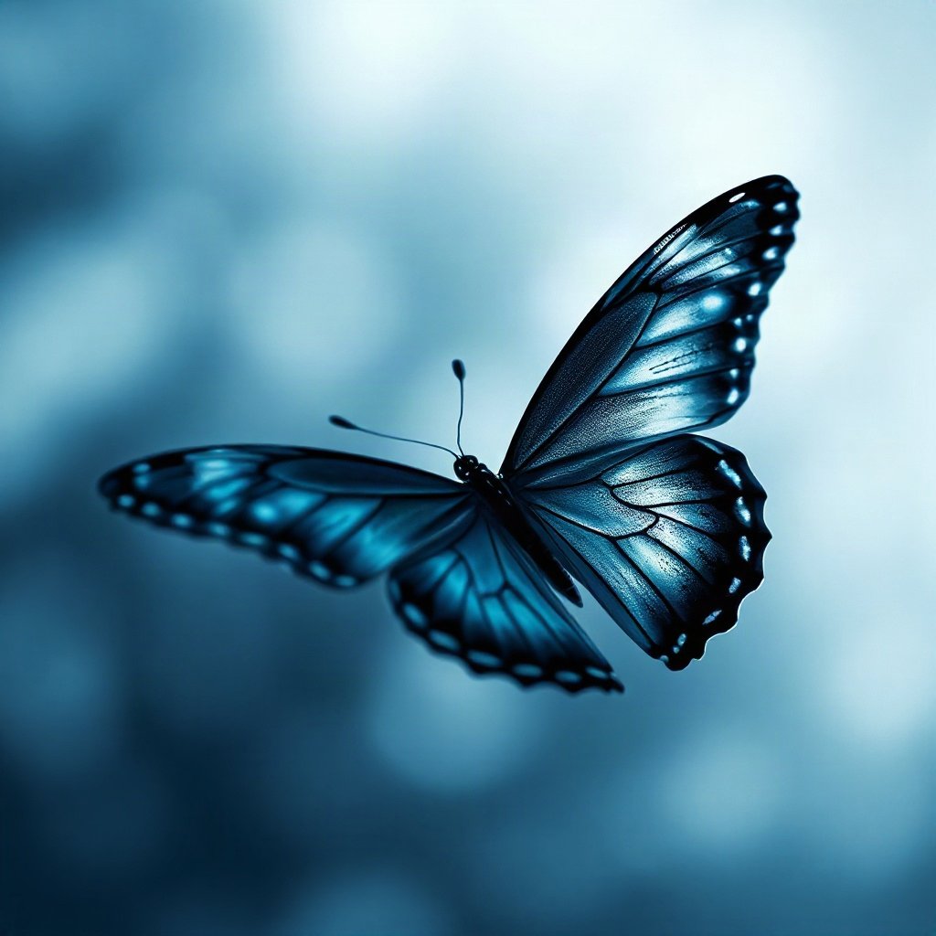 Blue PFPs — butterfly, cinematic photo style, gentle bokeh