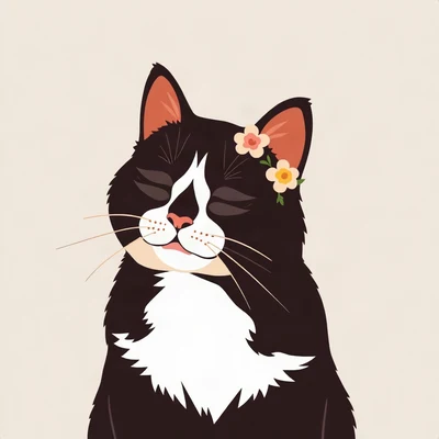 cat pfp — tuxedo cat, flat vector illustration style, with a small flower crown