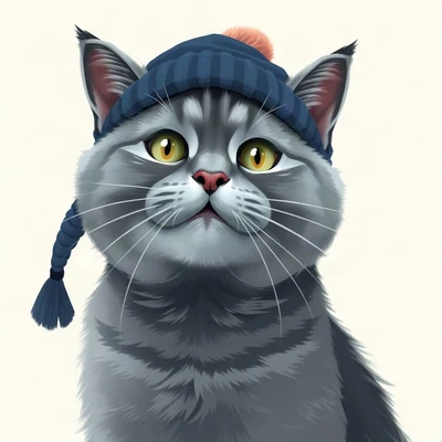 cat pfp — blue-grey british shorthair, digital painting style, wearing a tiny beanie