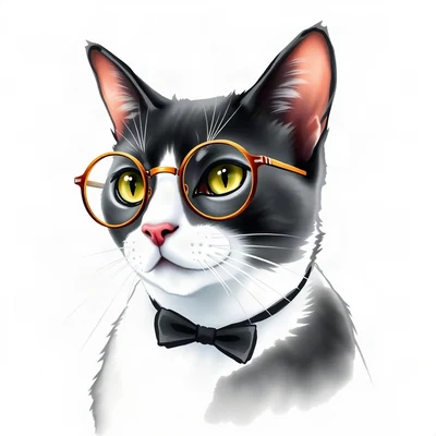 cat pfp — tuxedo cat, loose watercolor style, wearing round glasses