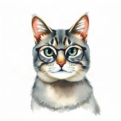 cat pfp — grey tabby cat, loose watercolor style, wearing round glasses