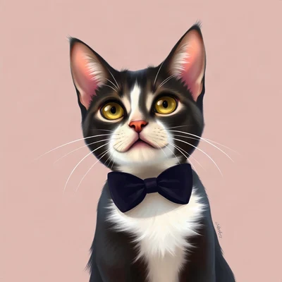 cat pfp — tuxedo cat, digital painting style, wearing a bow tie