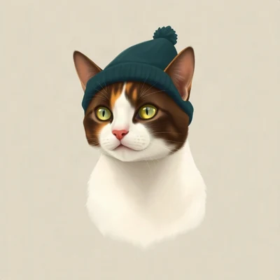 cat pfp — calico cat, digital painting style, wearing a tiny beanie
