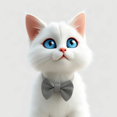 cat pfp — white fluffy cat with blue eyes, soft 3d render style, wearing a bow tie