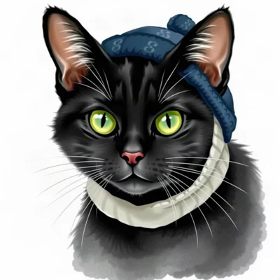 cat pfp — black cat with green eyes, loose watercolor style, wearing a tiny beanie
