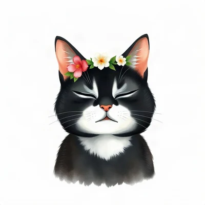 cat pfp — tuxedo cat, loose watercolor style, with a small flower crown