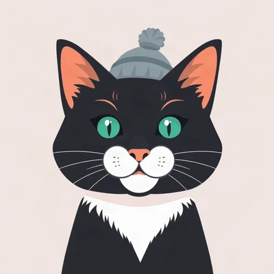 cat pfp — tuxedo cat, flat vector illustration style, wearing a tiny beanie
