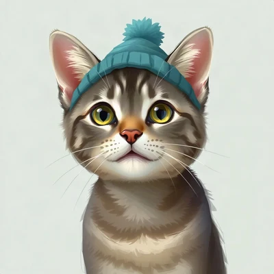 cat pfp — grey tabby cat, digital painting style, wearing a tiny beanie