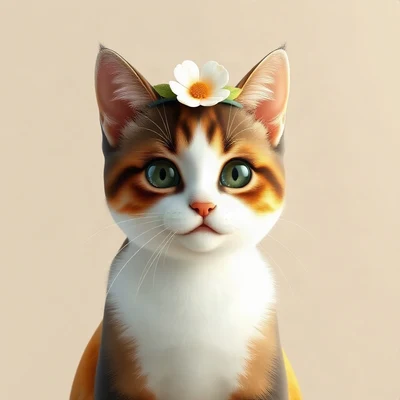 cat pfp — calico cat, soft 3d render style, with a small flower crown