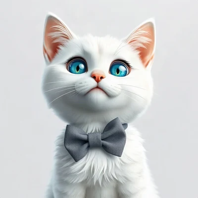 cat pfp — white fluffy cat with blue eyes, soft 3d render style, wearing a bow tie