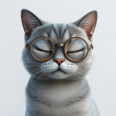 cat pfp — blue-grey british shorthair, soft 3d render style, wearing round glasses