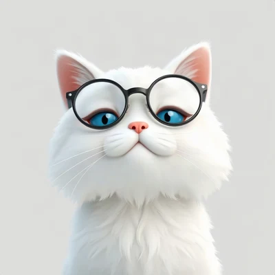 cat pfp — white fluffy cat with blue eyes, soft 3d render style, wearing round glasses
