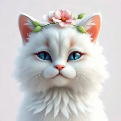 cat pfp — white fluffy cat with blue eyes, soft 3d render style, with a small flower crown