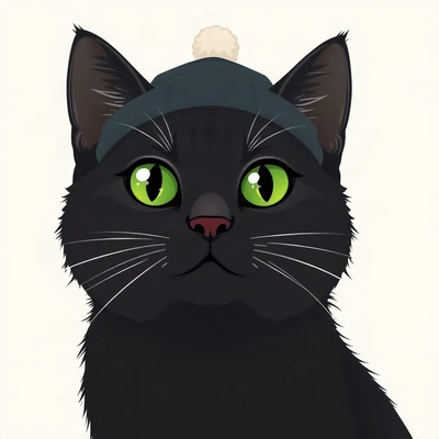 cat pfp — black cat with green eyes, flat vector illustration style, wearing a tiny beanie