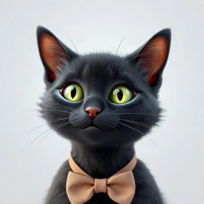 cat pfp — black cat with green eyes, soft 3d render style, wearing a bow tie