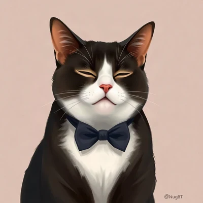cat pfp — tuxedo cat, digital painting style, wearing a bow tie