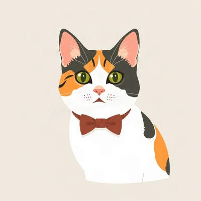 cat pfp — calico cat, flat vector illustration style, wearing a bow tie