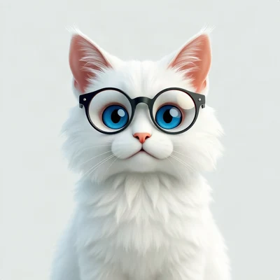 cat pfp — white fluffy cat with blue eyes, soft 3d render style, wearing round glasses