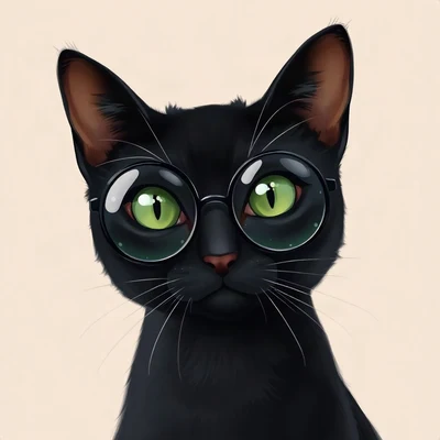 cat pfp — black cat with green eyes, digital painting style, wearing round glasses