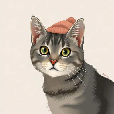 cat pfp — grey tabby cat, digital painting style, wearing a tiny beanie