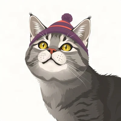 cat pfp — grey tabby cat, flat vector illustration style, wearing a tiny beanie