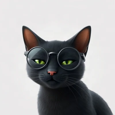 cat pfp — black cat with green eyes, soft 3d render style, wearing round glasses