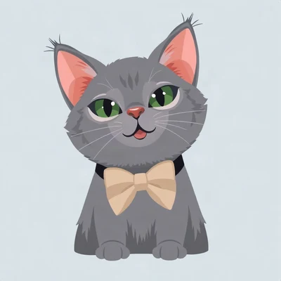 cat pfp — blue-grey british shorthair, flat vector illustration style, wearing a bow tie