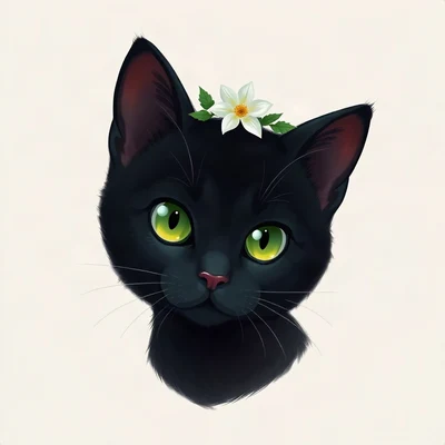 cat pfp — black cat with green eyes, digital painting style, with a small flower crown