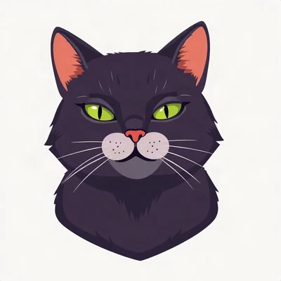 cat pfp — black cat with green eyes, flat vector illustration style, wearing a bow tie