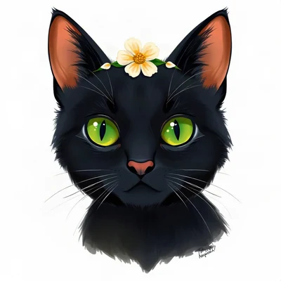 cat pfp — black cat with green eyes, digital painting style, with a small flower crown